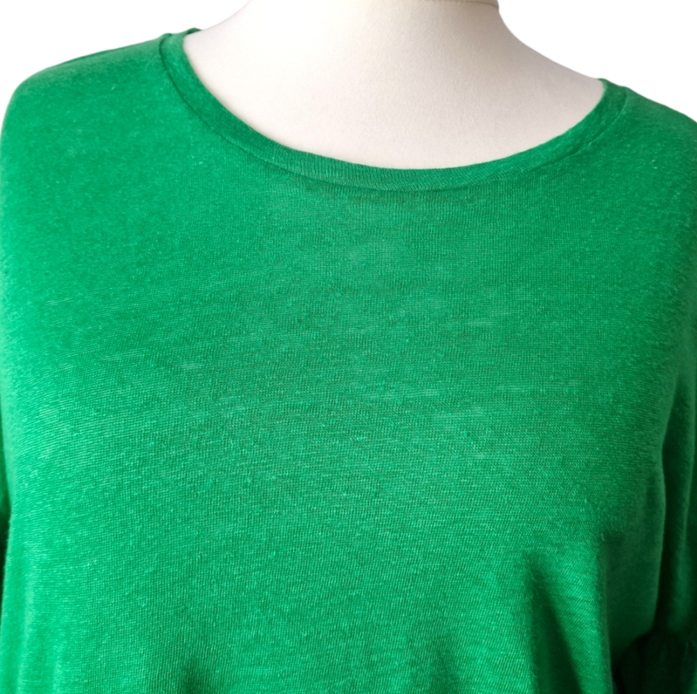 Zara Green 100% Linen Ruffle Sleeve Round Neck Knit Blouse Top Size Large - Picture 4 of 10